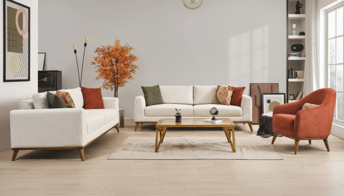 Stylowy zestaw do salonu Zestaw do salonu 3 sztuki. Nowoczesna beżowa kanapa 3+3+1