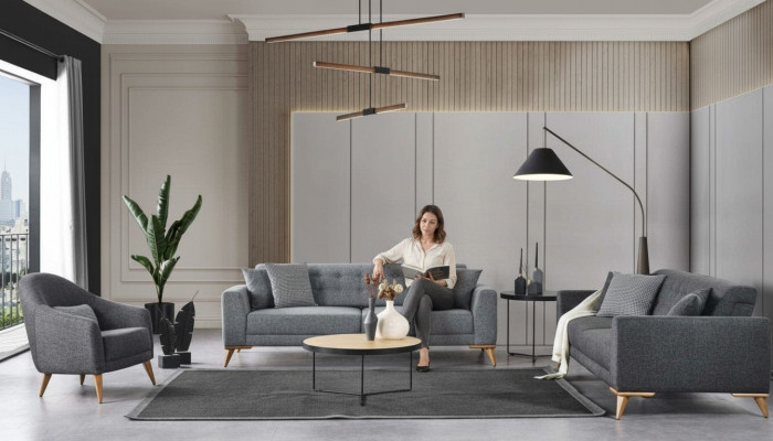 Stylowy zestaw do salonu, 3 sztuki. Luksusowe meble Szara Sofa 3+1 o nowoczesnym designie