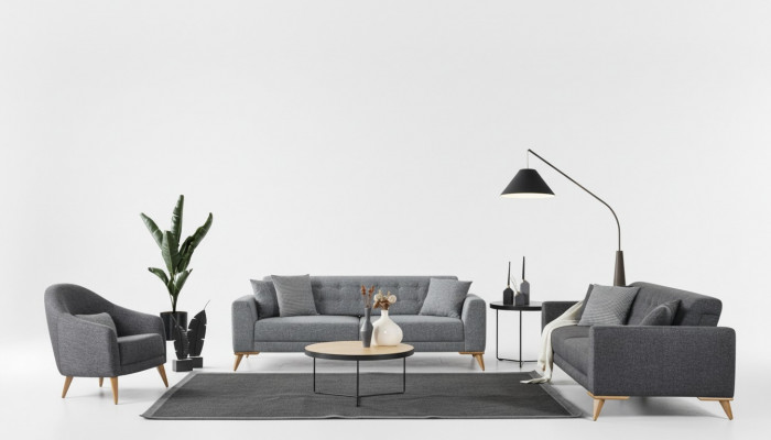 Stylowy zestaw do salonu, 3 sztuki. Luksusowe meble Szara Sofa 3+1 o nowoczesnym designie