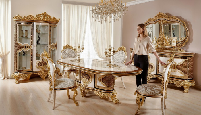 Luksusowa jadalnia White Classic Ustaw Stół obiadowy 6x Krzesła Kredens