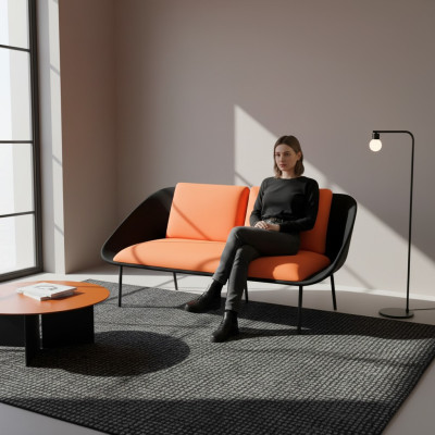 Czarny -Orange 2-miejsce do siedzenia Study Podkładka Modern Couch Włókienniczy Sofy