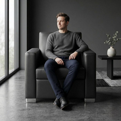 Czarna skórzana Fotel Designer Podkładka Jednoosobowa Pokój dzienny Relaks miejsce siedzące