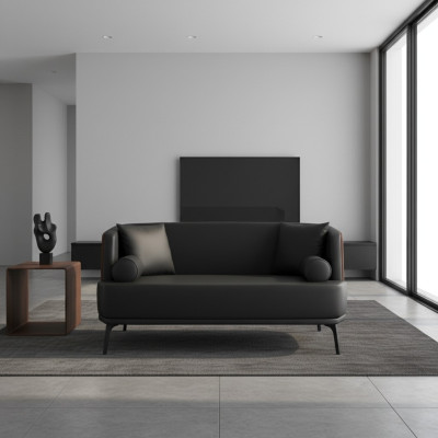 Czarny salon 2-miejsce do siedzenia Podkładka sztuczna skóra Sofa 2-osobowa Skóra Couch