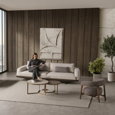 Zestaw wypoczynkowy do salonu Szara Sofa w kształcie litery L Brązowa Stołek Luxury Meble