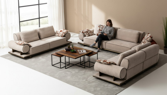 Sofa Tkaninowa Żywy krajobraz Narożnik Design Nowoczesna Sofa Narożnikowa kanapa L-Shape Beżowa Nowość