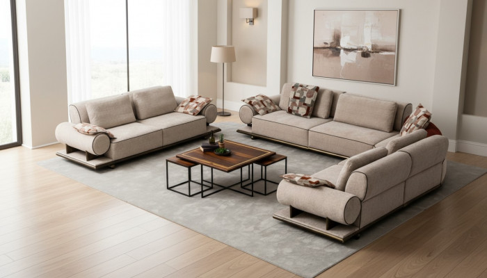 Sofa Tkaninowa Żywy krajobraz Narożnik Design Nowoczesna Sofa Narożnikowa kanapa L-Shape Beżowa Nowość