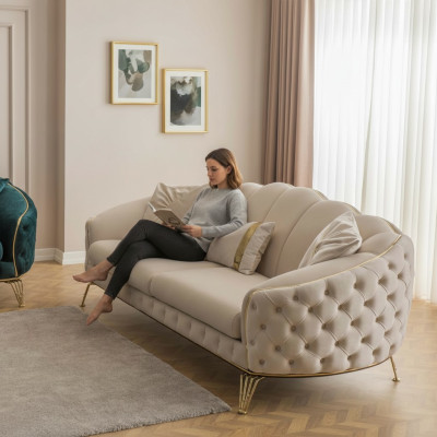 Nowoczesny zestaw do salonu Chesterfield Beige sofowy x2 3 miejsce do siedzenia PolsterFotel
