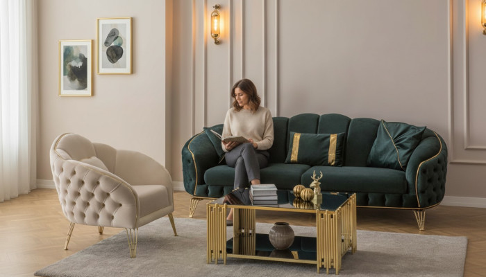 Stylowy salon z kompletną 3-osobową sofą trzyosobową luksusową 2x Fotel
