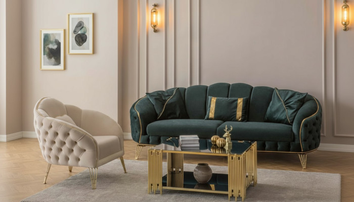 Stylowy salon z kompletną 3-osobową sofą trzyosobową luksusową 2x Fotel