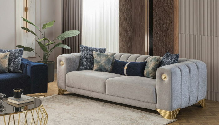 Sofa do Salonu 3 miejsce do siedzenia Szara Podkładka Sofy Design Drewno Włókienniczy nowy Modern