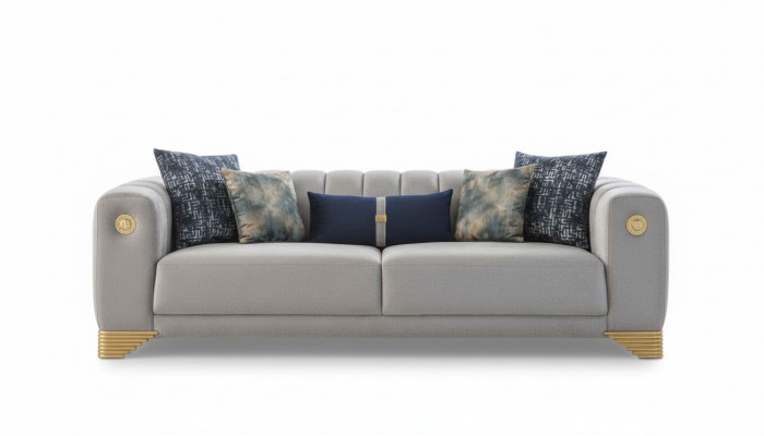Sofa do Salonu 3 miejsce do siedzenia Szara Podkładka Sofy Design Drewno Włókienniczy nowy Modern