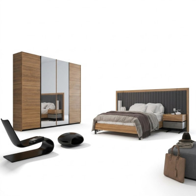 Sypialnia Zestaw 3szt Łóżko Podwójne Nowoczesne 2x Szafki nocne Drewno Design Kompletne