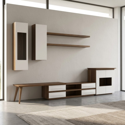Kompletny zestaw do salonu 7 szt. stojak TV + stolik kawowy meble drewniane Vetrine Modern