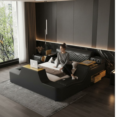 Double Luxury Skóra Łóżko Masaż Podkładka do łóżka Nowoczesny Hotel bluetooth