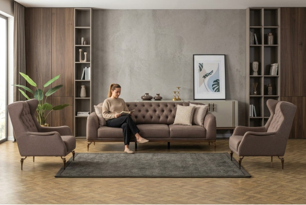 Beżowy Zestaw Sofowy Chesterfield Living Room 3+1 miejsce do siedzenia Luksusowa Kanapa Nowość
