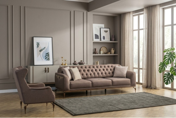 Beżowy Zestaw Sofowy Chesterfield Living Room 3+1 miejsce do siedzenia Luksusowa Kanapa Nowość