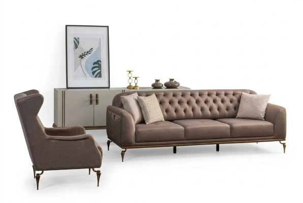 Beżowy Zestaw Sofowy Chesterfield Living Room 3+1 miejsce do siedzenia Luksusowa Kanapa Nowość