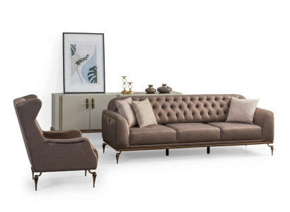 Beżowy Zestaw Sofowy Chesterfield Living Room 3+1 miejsce do siedzenia Luksusowa Kanapa Nowość
