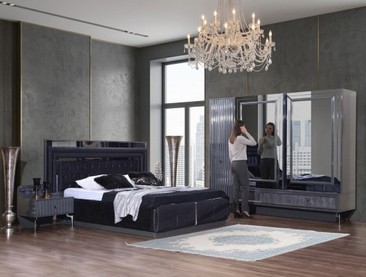 Czarny Zestaw Sypialnia Luxury Ustawić łóżko 2x Szafki nocne Szafa