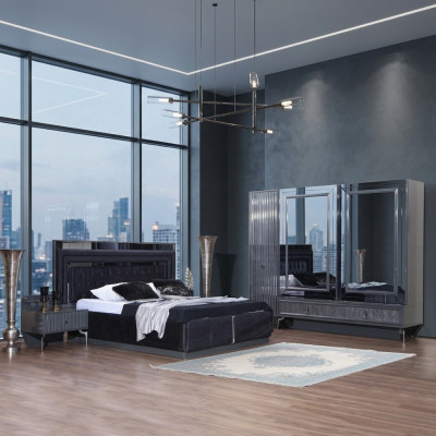 Czarny Zestaw Sypialnia Luxury Ustawić łóżko 2x Szafki nocne Szafa