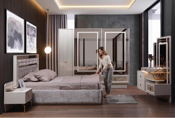 Nowoczesny komplet Sypialnia Designerskie Łóżko 2x Szafki nocne 5-częściowe