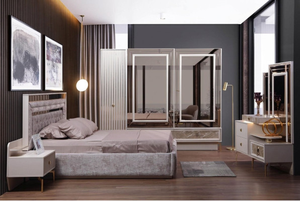 Nowoczesny komplet Sypialnia Designerskie Łóżko 2x Szafki nocne 5-częściowe