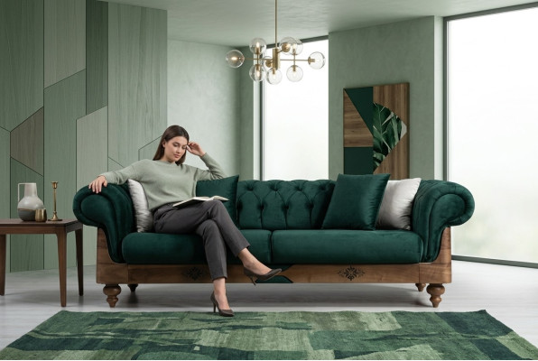 Trzyosobowa kanapa Green Chesterfield, sofy do salonu, kanapa do siedzenia