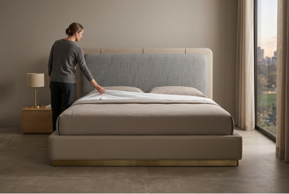 Sypialnia Beżowe Łóżko Drewno Modern Design 180x200 Design bed Meble