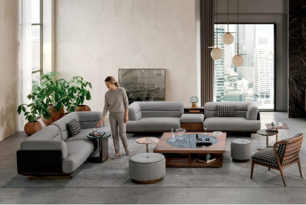 Luksusowy Zestaw do Salonu Szara Sofa z Fotel 2x Stołek Nowoczesny Design