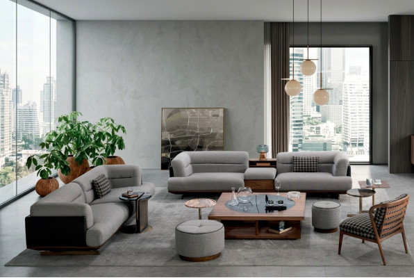 Luksusowy Zestaw do Salonu Szara Sofa z Fotel 2x Stołek Nowoczesny Design