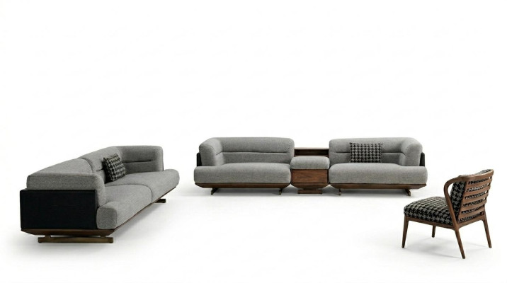 Luksusowy Zestaw do Salonu Szara Sofa z Fotel 2x Stołek Nowoczesny Design