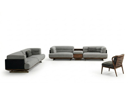 Luksusowy Zestaw do Salonu Szara Sofa z Fotel 2x Stołek Nowoczesny Design