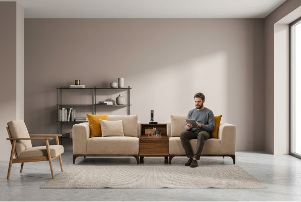 Luksusowa Sofa do Salonu Nowoczesny Design Drewno z Tekstyliami Dwuosobowa