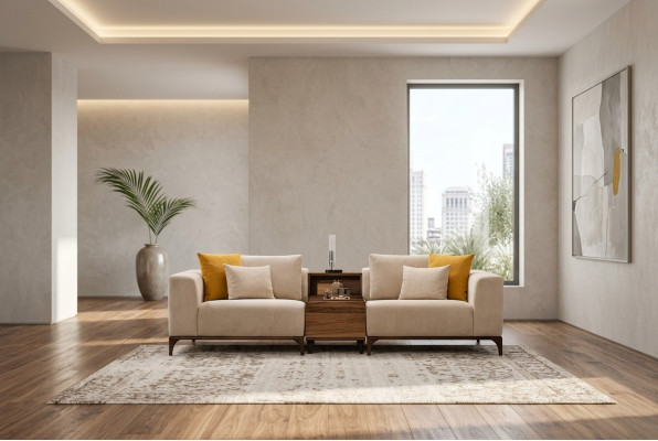 Luksusowa Sofa do Salonu Nowoczesny Design Drewno z Tekstyliami Dwuosobowa