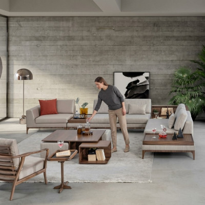 Pokój dzienny Narożnikowa kanapa L-Shape Drewno Zestaw narożny Sofa Kanapy Luksusowe Meble