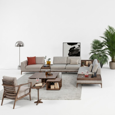 Pokój dzienny Narożnikowa kanapa L-Shape Drewno Zestaw narożny Sofa Kanapy Luksusowe Meble