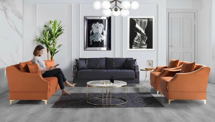 Zestaw sofowy 3+2+1+1 miejsce do siedzenia Zestaw do salonu Kompletny Włókienniczy Sofa Fotel Drewno Nowy