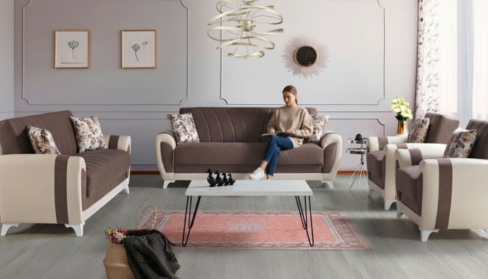 Sofa rozkładana Zestaw sofowy 3+2+1+1 miejsce siedzące Włókienniczy Sofa Fotel Kompletny zestaw Brązowy