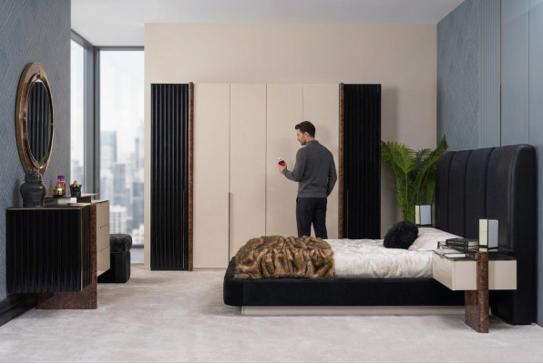 Sypialnia Zestaw Łóżko 2x Szafki nocne Szafa Kredens Design Meble
