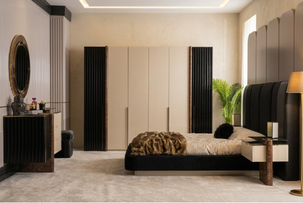 Sypialnia Zestaw Łóżko 2x Szafki nocne Szafa Kredens Design Meble