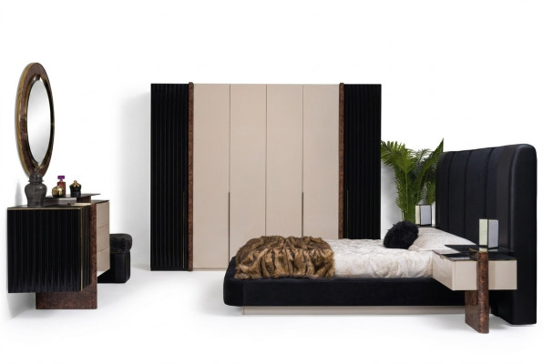 Sypialnia Zestaw Łóżko 2x Szafki nocne Szafa Kredens Design Meble