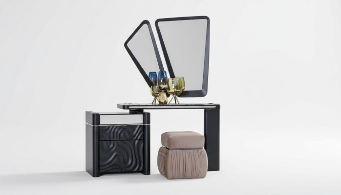Toaletka z Lustro Stołek Makijaż Sypialnia Design Meble Drewno 2szt.