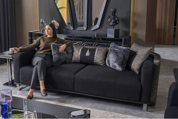 Sofa Trzyosobowa 240cm Czarna Luksusowa Kanapa Sofy Meble Włókiennicze Materiał Aksamit Zestaw 3 szt.