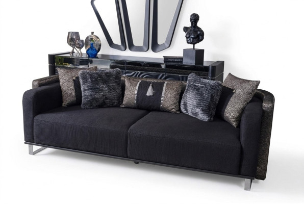 Sofa Trzyosobowa 240cm Czarna Luksusowa Kanapa Sofy Meble Włókiennicze Materiał Aksamit Zestaw 3 szt.