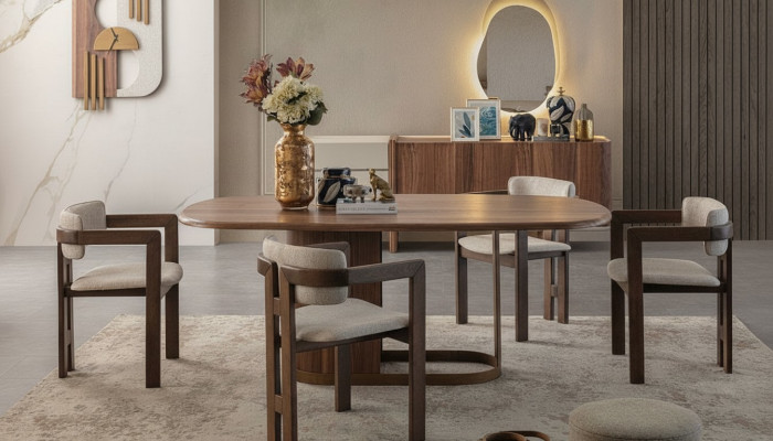 Luksusowy zestaw jadalniany Stół obiadowy + 6x Krzesła + Kredens + Lustro 9 szt. Modern