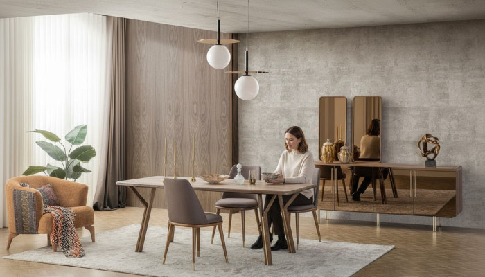 Zestaw jadalnia 6x Krzesła + Stół obiadowy + Kredens + Zestaw Lustro jadalnia Designer Nowość