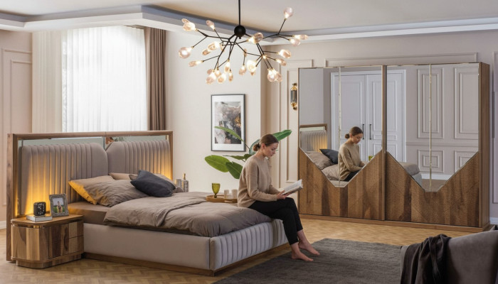 Luksusowy zestaw Sypialnia Łóżko + 2x Szafki nocne + Szafa Modern Complete