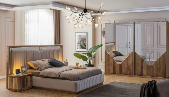Luksusowy zestaw Sypialnia Łóżko + 2x Szafki nocne + Szafa Modern Complete