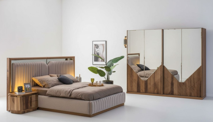Luksusowy zestaw Sypialnia Łóżko + 2x Szafki nocne + Szafa Modern Complete