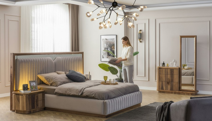 Nowoczesny Zestaw Sypialnia Łóżko + 2x Szafki nocne + Kredens z Lustro Modern